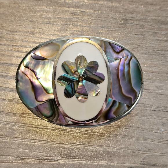 Vintage Alpaca Silver + Abalone Oval Floral Brooch with Pendant Option - Picture 1 of 6